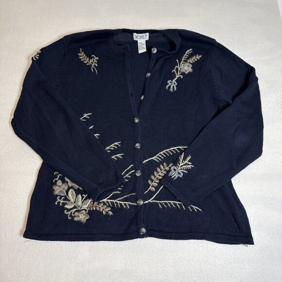 Koret Cardigan Sweater Large With Embroidered Flowers Navy Blue ￼ - Picture 1 of 8